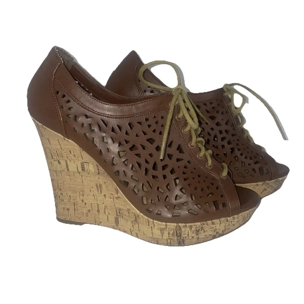 Women's Brown Lace Up Wedge Sandals Size 10 Peep Toe shoes